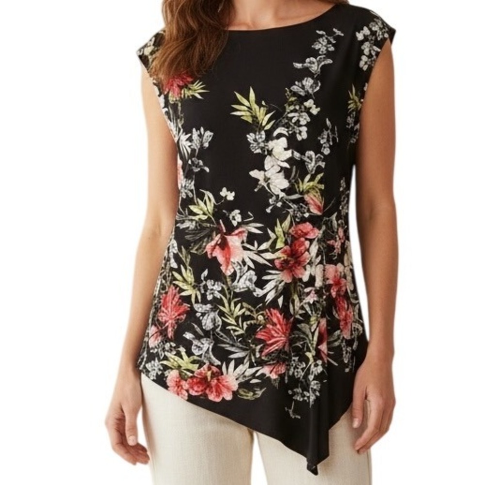 WHITE HOUSE BLACK MARKET Black Floral Gathered Side Asymmetrical Top EUC Size XS